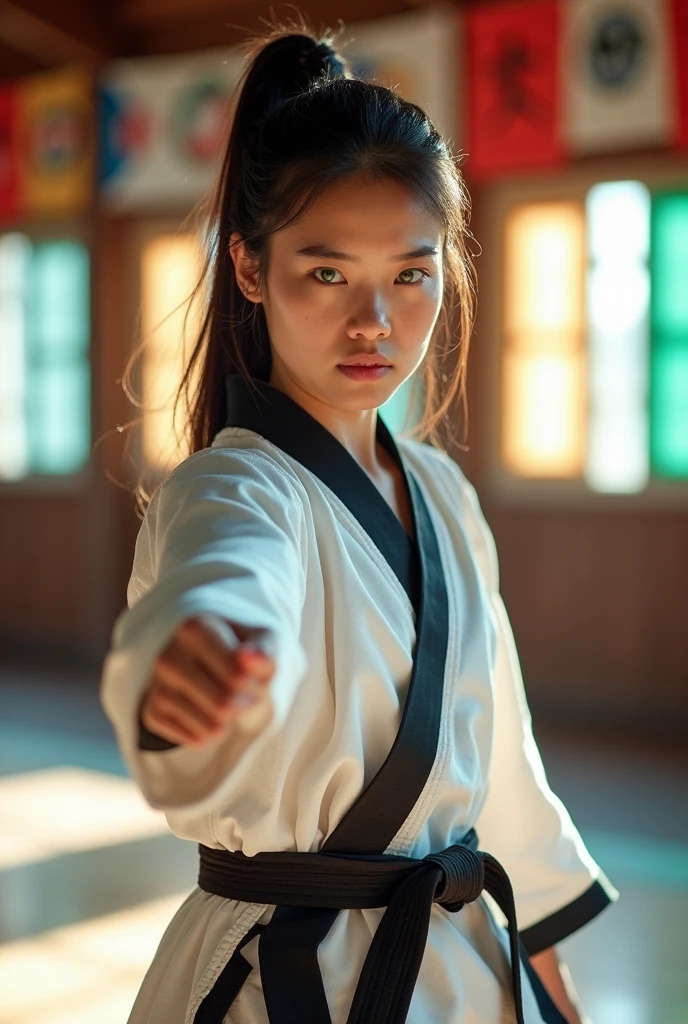Realistic busty 35yo woman,Karateka,shaolin temple,ultimate form,8k,erotic obscene Performance Special move,