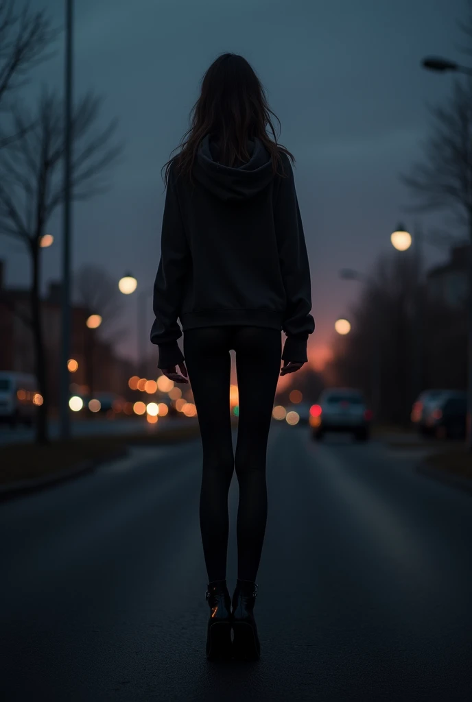 high, Very thin, A skinny, slender girl., in transparent tights all over the body , with a hood. naked , fatty, highly shiny body on a very dark night, Dim lighting at dusk, dark fantasy,in heels, Beautiful face