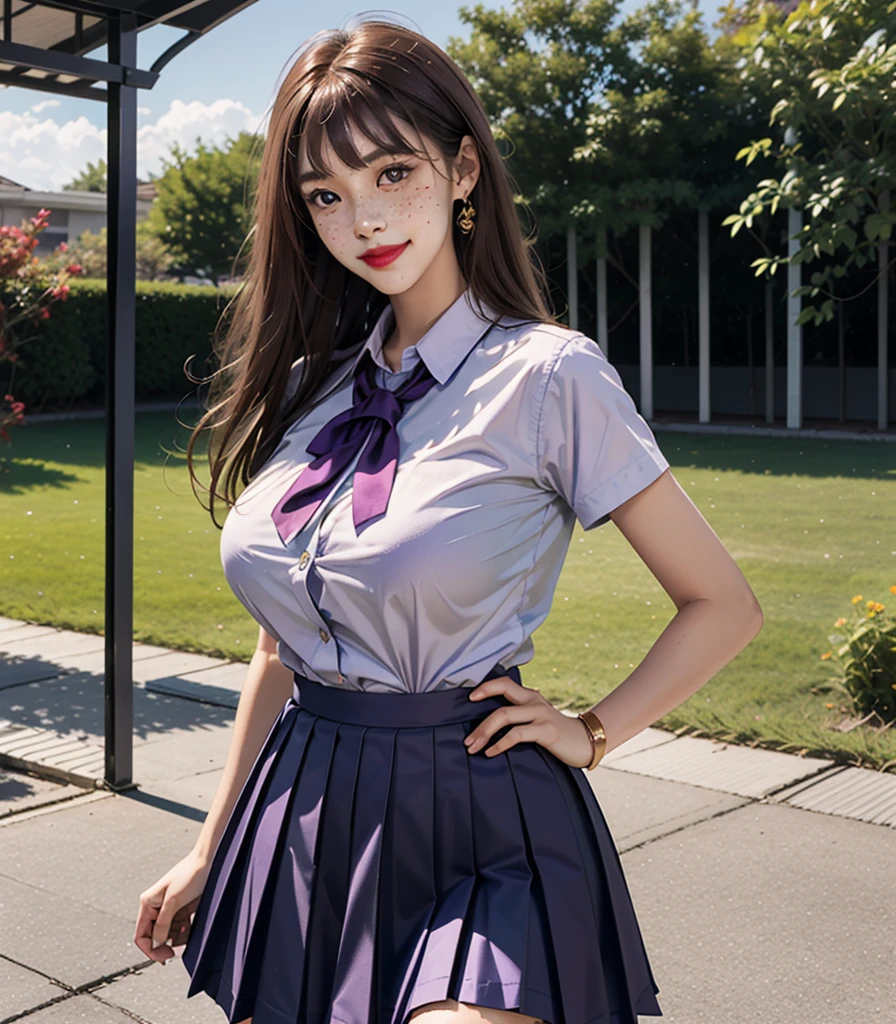 1 girl, 24 years old, japanese, 4K, masterpiece, realistic, long whaivy brown hair with bangs, purple eyes, purple eyeliners, shining red lips, freckles, very large breasts, golden jewelry, unbottoned school uniform, boob tent, skirt, smile, closed mouth, bright colors, in a school courtyard.