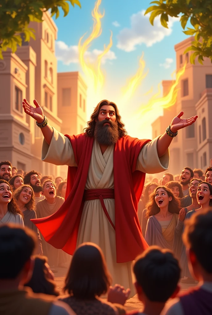 create an image that represents Peter's Sermon at Pentecost in Disney Pixar format