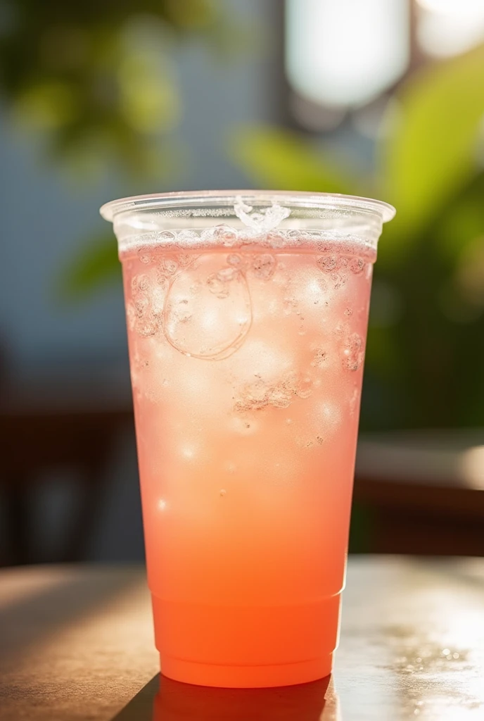 Lychee soda drink. Without the fruit. Without straw. With plastic cup.
