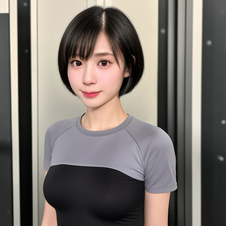 (kawaii 24 year-old Japanese girl, Nogizaka idol, Korean idol), healthy female athlete body, (glossy black hair, short hair, pixie cut, bangs:1.3), (rounded face, pure black eyes, single eyelid, no makeup, soft smile:1.2), (wearing training shirt, grey sports leggings:1.3), extra small breasts, well shaped hip, (slim waist, thigh gap:0.9), BREAK, (sports gym background:1.3), (looking at viewer, dynamic angle, close shot:1.2), BREAK, (masterpiece, best quality, photo realistic, official art:1.4), (UHD, 8K quality wallpaper, high resolution, raw photo, golden ratio:1.3), (shiny skin), professional lighting, physically based rendering, award winning, (highly detailed skin, extremely detailed face and eyes, anatomically correct body), Carl Zeiss 85 mm F/1.4, depth of field, 1girl, solo,