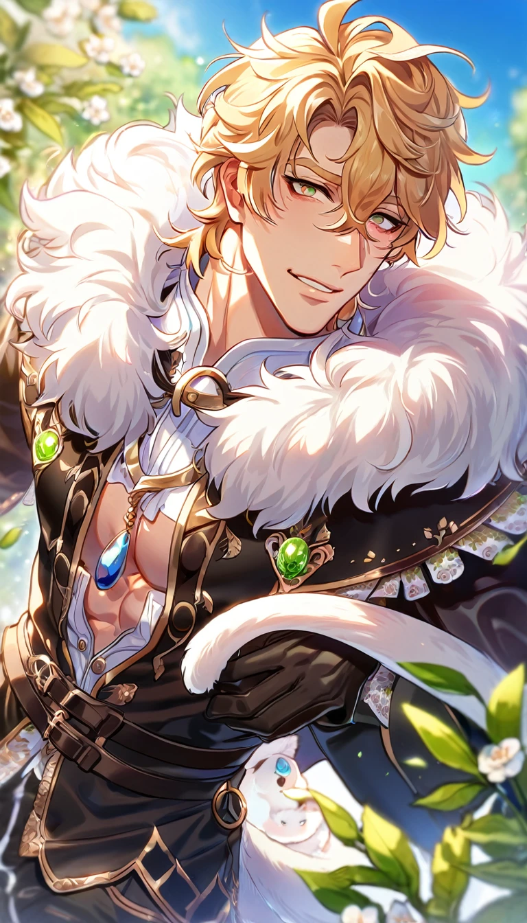 absurdres, highres, ultra detailed, HDR, master piece, best quality, extremely detailed, detailed eyes, detailed face, Quincy, blonde hair, messy hair, hair between the eyes, expressive amber eyes, Nu Carnival, solo, sexy man, manly man, horny, lewd, handsome, fantasy, white and black leather clothes, cape with a high fur collar, black gloves, spring, flowers, green leaves, magical forest, dark fantasy, blue sky, white cute small ferret on his shoulder