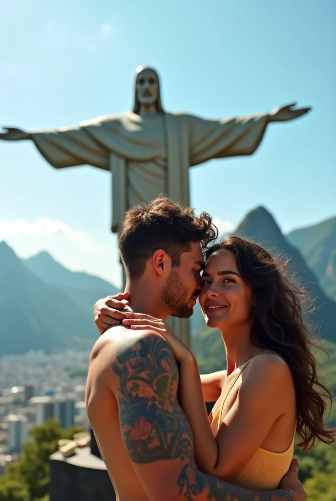 A brunette woman, slim, with medium wavy hair is posing in front of Christ the Redeemer, Cuddled with her boyfriend. He is taller than her and has visible tattoos..