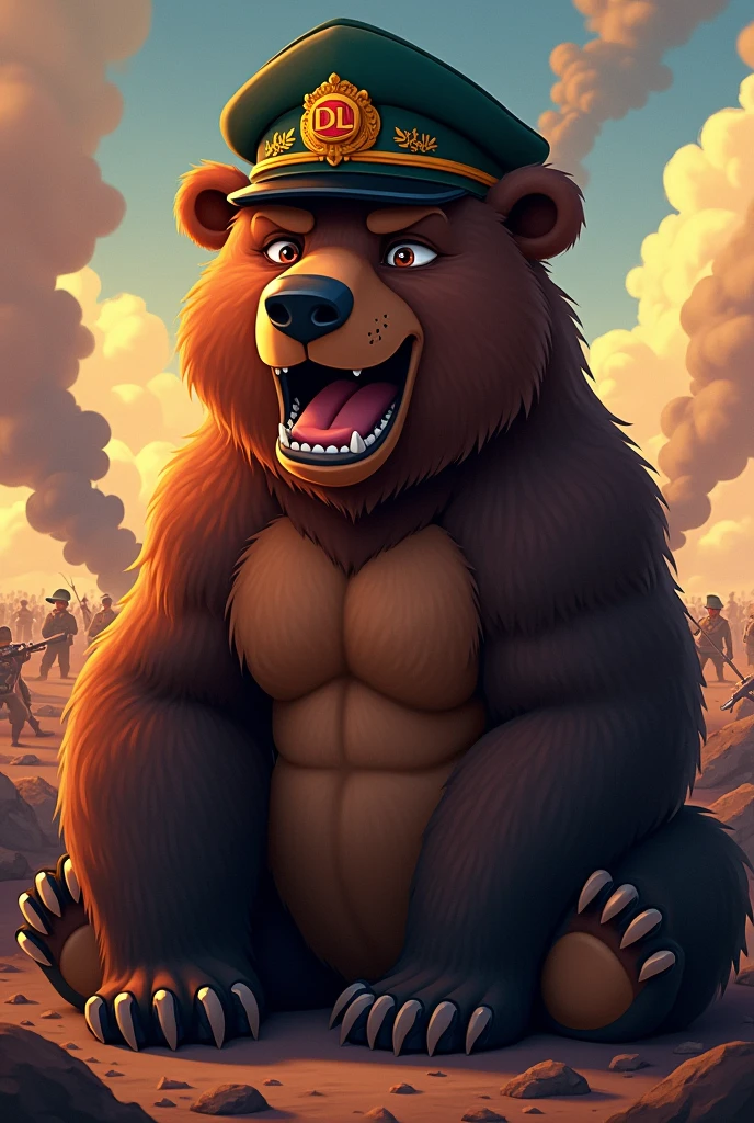 IMAGE OF AN ANIMATED WAR BEAR SITTING WEARING A CAP WITH DL LOGO