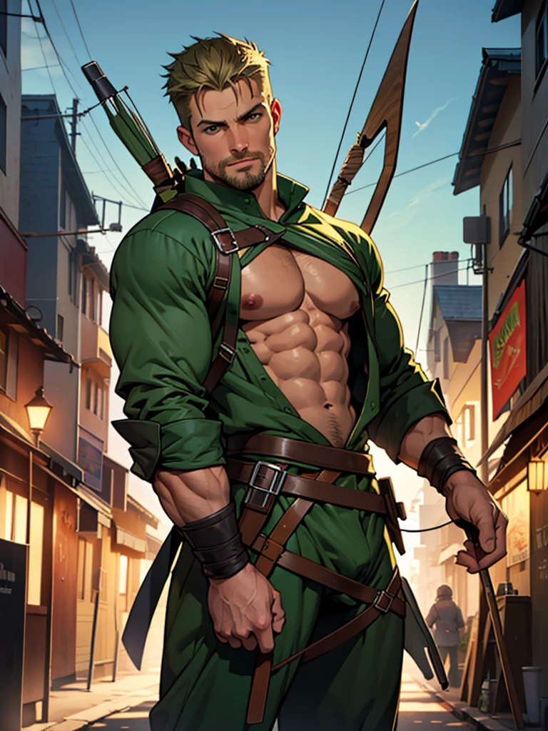 NSFW, 32k, high quality , detailed face , detailed fingers ,detailed muscles  stephen amell as green arrow , wearing blackish green outfit   , showing a dark blond short hair , a thick facial hair like daddies, a bulge ,hunk and handsome, shooting  his  arrows with a bow toward the ennemies , in action , with the quiver on his back full of arrows background sky and city at night 