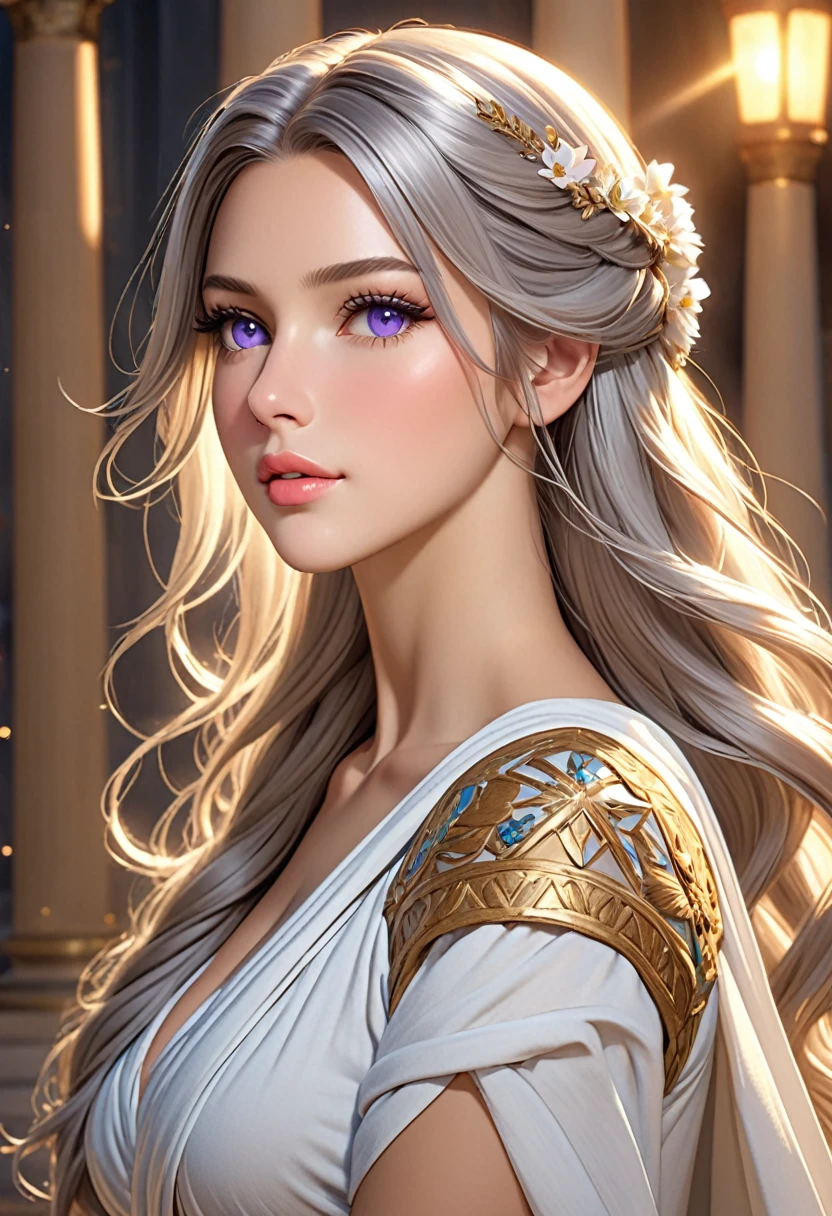 ((best quality)), ((artwork)), ((extremely detailed face)), ((perfect lighting)), ((extremely detailed CG)), ((perfect hands, perfect anatomy)), Appearance= Tall, european features, youthful, ravishingly beautiful, busty, athletic, toned, full lips; violet eyes; long, flowing silver hair Personality= Modest, reserved Occupation= Dawnstar Reputation= The most beautiful woman in the world Clothing= ancient Greek ]