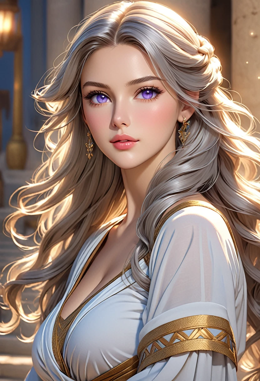 ((best quality)), ((artwork)), ((extremely detailed face)), ((perfect lighting)), ((extremely detailed CG)), ((perfect hands, perfect anatomy)), Appearance= Tall, european features, youthful, ravishingly beautiful, busty, athletic, toned, full lips; violet eyes; long, flowing silver hair Personality= Modest, reserved Occupation= Dawnstar Reputation= The most beautiful woman in the world Clothing= ancient Greek ]