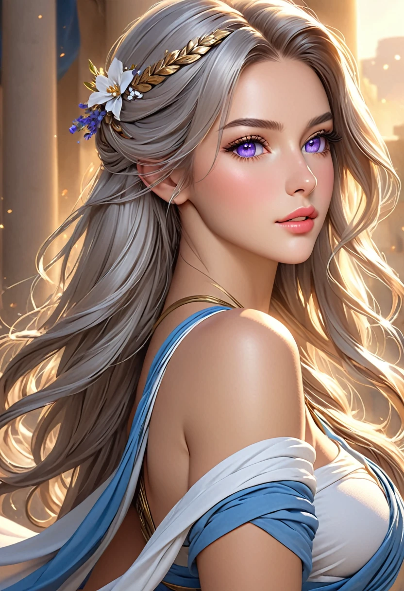 ((best quality)), ((artwork)), ((extremely detailed face)), ((perfect lighting)), ((extremely detailed CG)), ((perfect hands, perfect anatomy)), Appearance= Tall, european features, youthful, ravishingly beautiful, busty, athletic, toned, full lips; violet eyes; long, flowing silver hair Personality= Modest, reserved Occupation= Dawnstar Reputation= The most beautiful woman in the world Clothing= ancient Greek ]