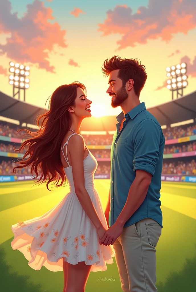 Beautiful couple standing near a cricket Stadium and singing
