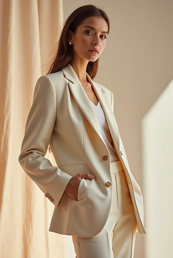 Create a fashion poster featuring a women's blazer as the main product, with the brand name 'N'Lin' prominently displayed in the image. The poster should exude elegance and sophistication, appealing to young women with a refined and trendy sense of style. Use a minimalist design with a clean background, focusing on the blazer's details and quality. The typography should be sleek and modern, and the placement of 'N'Lin' should be tasteful yet noticeable, reinforcing the brand's identity within the high-fashion market
