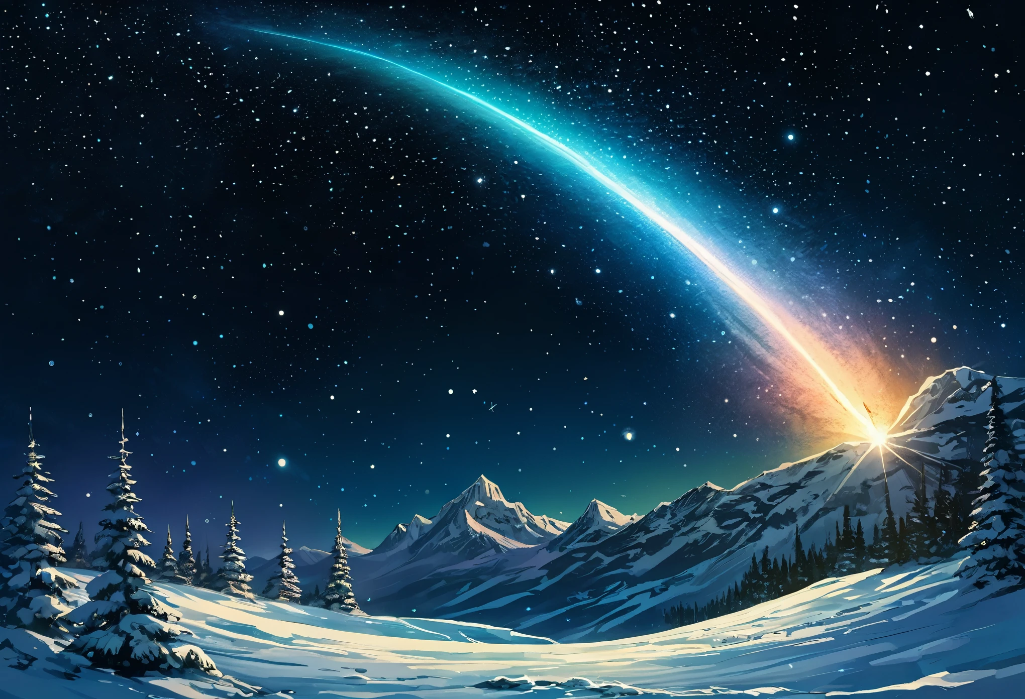 Breathtaking illustration of Halley's Comet, glowing comet tail stretching across the night sky, comet head is a shining sphere of ice surrounded by a halo, stars and constellations twinkling in the background, artistic, detailed, high quality, dynamic, mysterious, vast, beauty, comet tail, comet head, halo, stars, constellation, horizon, vivid colors, smooth texture Beautiful, intricate details, glowing, shining, twinkling, soft light, scale, perspective, depth, atmospheric