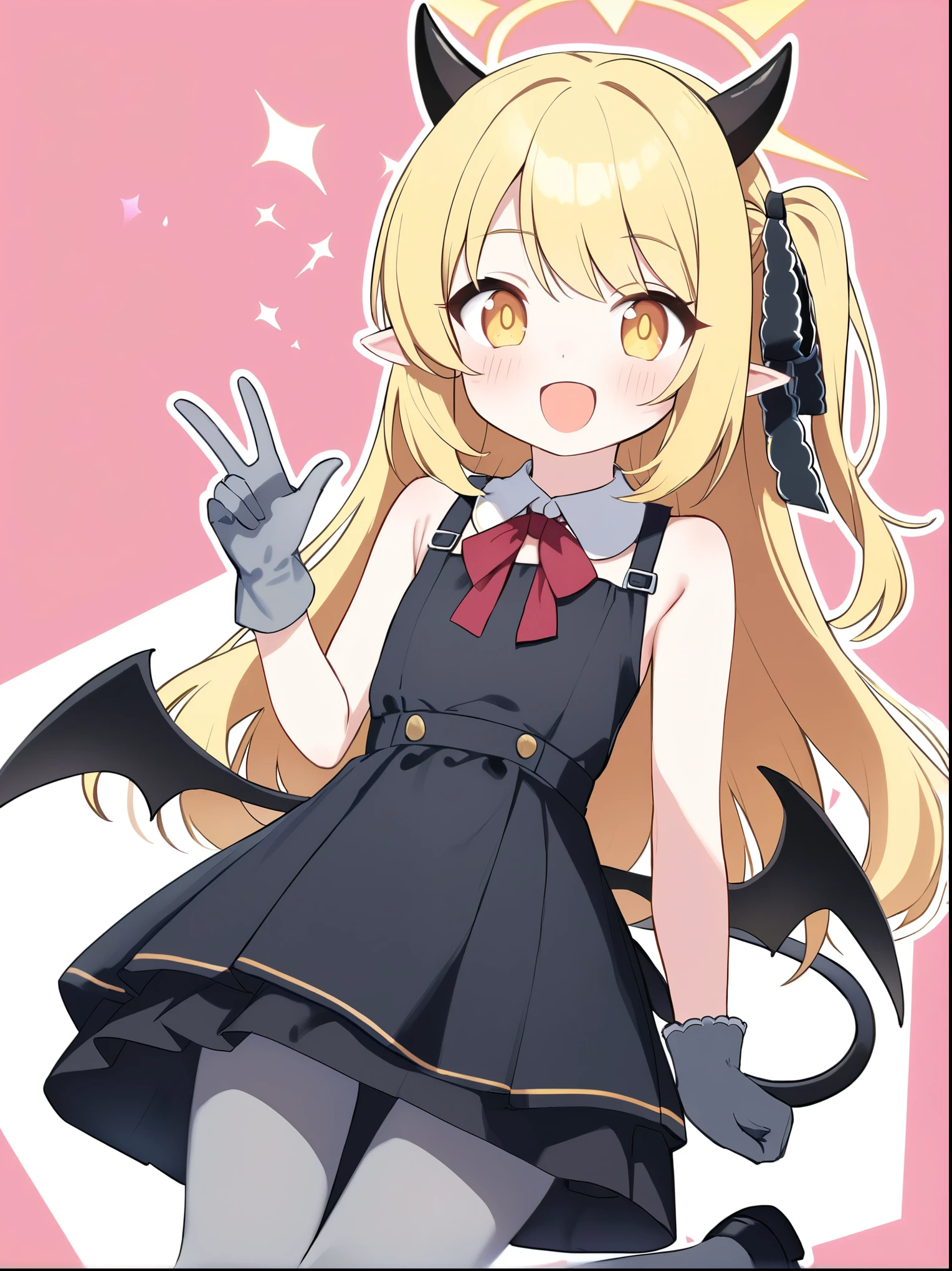 ibuki \(blue archive\),yellow eyes,pointy ears,blonde hair,long hair,one side up,halo,black hair ribbon,horns,(tail,low wings:1.2),(black dress:1.2),bare shoulders,grey gloves,grey pantyhose,mary janes,