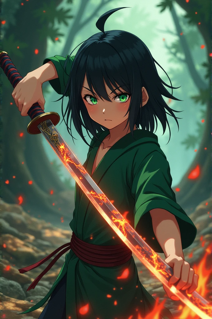 Create an anime character with low fire powers with black hair and green eyes holding a reddish-streaked katana