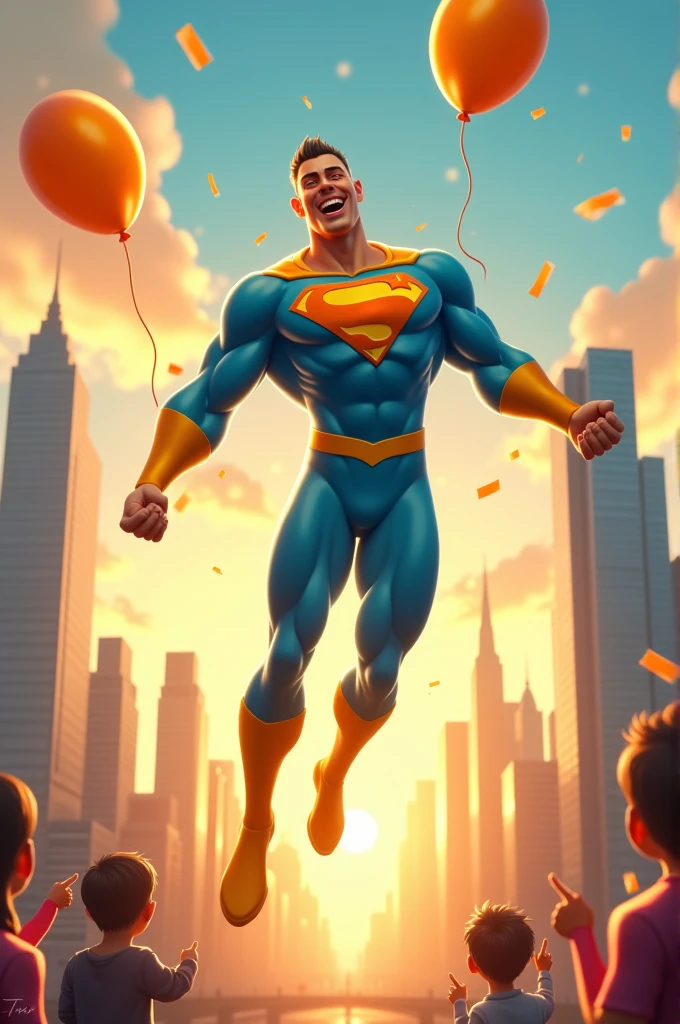 Act like a design expert and create an image of a superhero with these characteristics. (You are incredibly flexible, both in body and mind, Always ready to adapt to any situation. You have an infectious laugh that brings joy to everyone around you.. Your power is the ability to inflate your muscles and fly like a balloon, Perfect for epic getaways!)