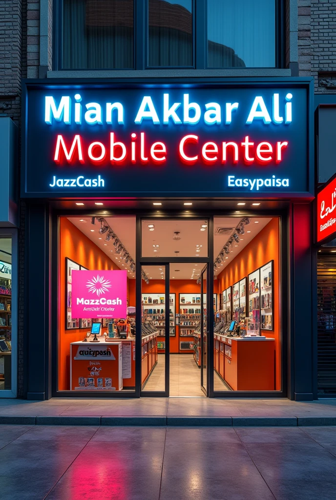 3d mobile shop front photo with name Mian Akbar Ali Mobile center and jazzcash easypaisa branding Facebook cover photo