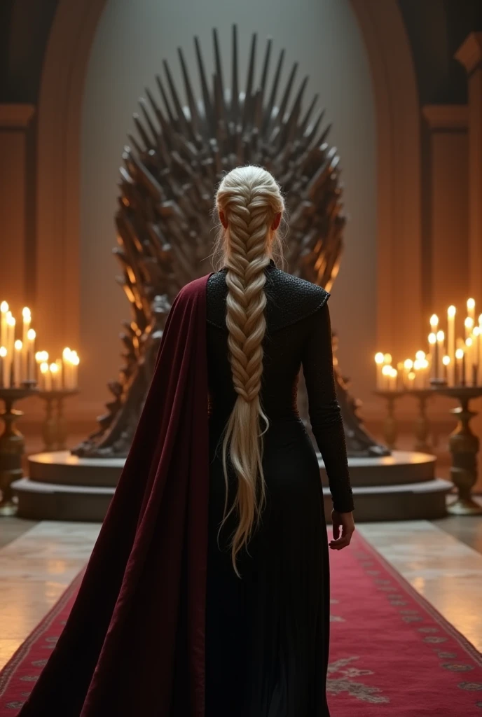 A beautiful Aesthetic Daenerys Targaryen with long full braided platinum blonde hair, she's wearing a royal black Cotton hard PRINCESS Costume with Dark Red cloak on her right back shoulder, She's walking to Iron throne on a large throne room, Walls are decorated with candles,long camera shot from character's rear 