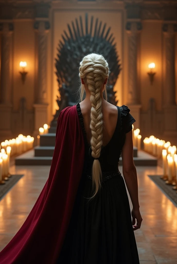A beautiful Aesthetic Daenerys Targaryen with long full braided platinum blonde hair, she's wearing a royal black Cotton hard PRINCESS Costume with Dark Red cloak on her right back shoulder, She's walking to Iron throne on a large throne room, Walls are decorated with candles,long camera shot from character's rear