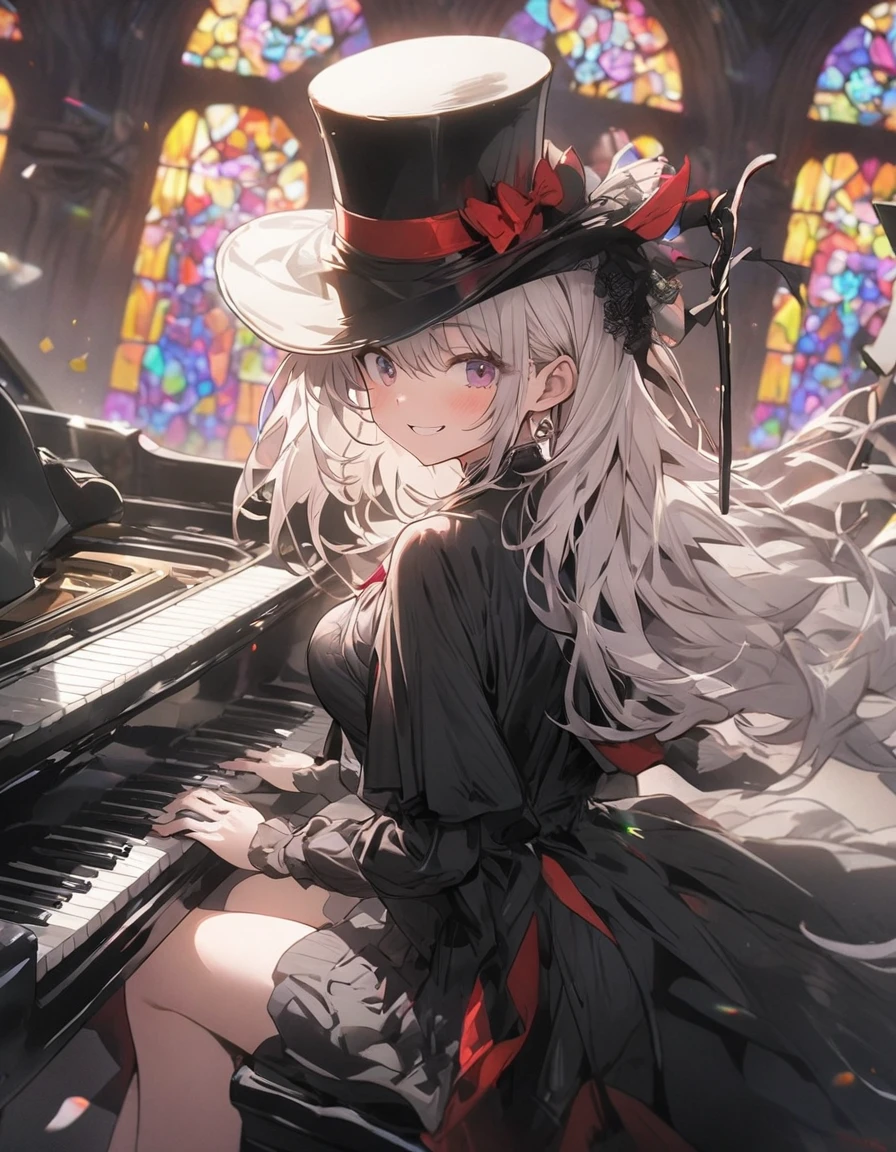 masterpiece、1 girl, white hair, magician walking stick, top hat, (((play the piano))), smile, black suit, stained glass background