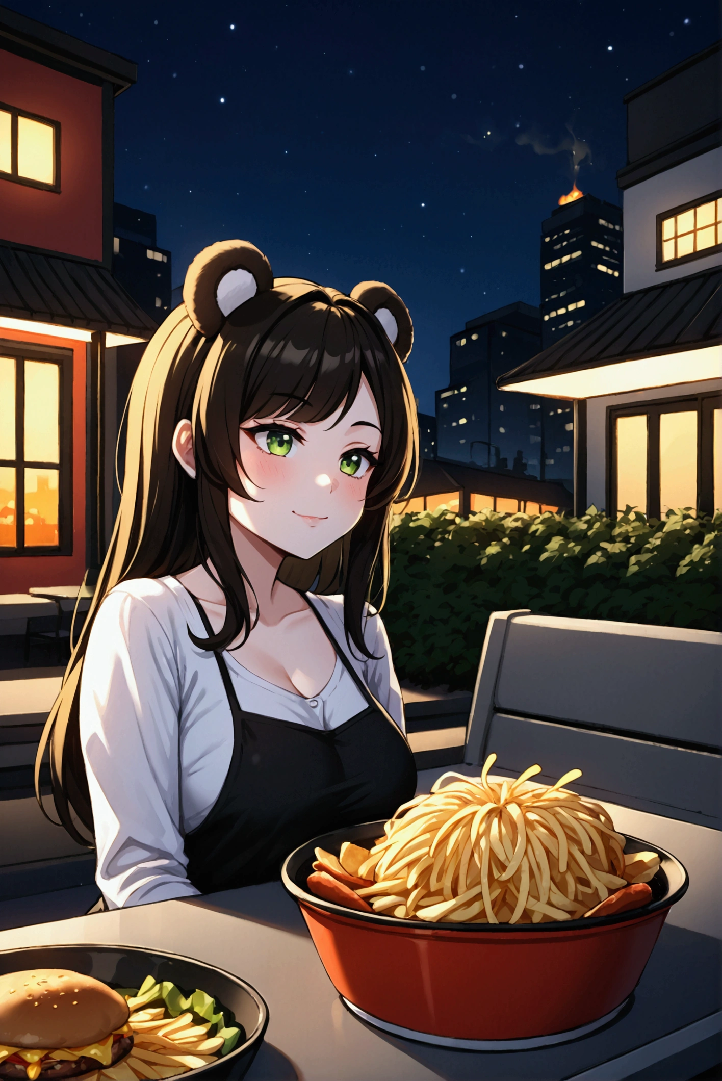 panda bear making hamburgers on the barbecue with fire and smoke coming out and with a food truck behind and a city at night, a greenhouse with fries