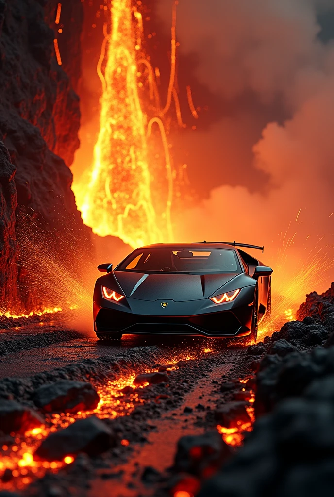 A jaw-dropping, cinematic photo of a metallic black Lamborghini huracan performante speeding at high-speed down the mouth of an active volcano. The car's sleek design contrasts with the fiery, smoky surroundings. The atmosphere is intense and dangerous, with magma flowing and sparks flying. The background reveals the immense scale of the volcano, and a sense of adrenaline and excitement fills the scene., photo, cinematic