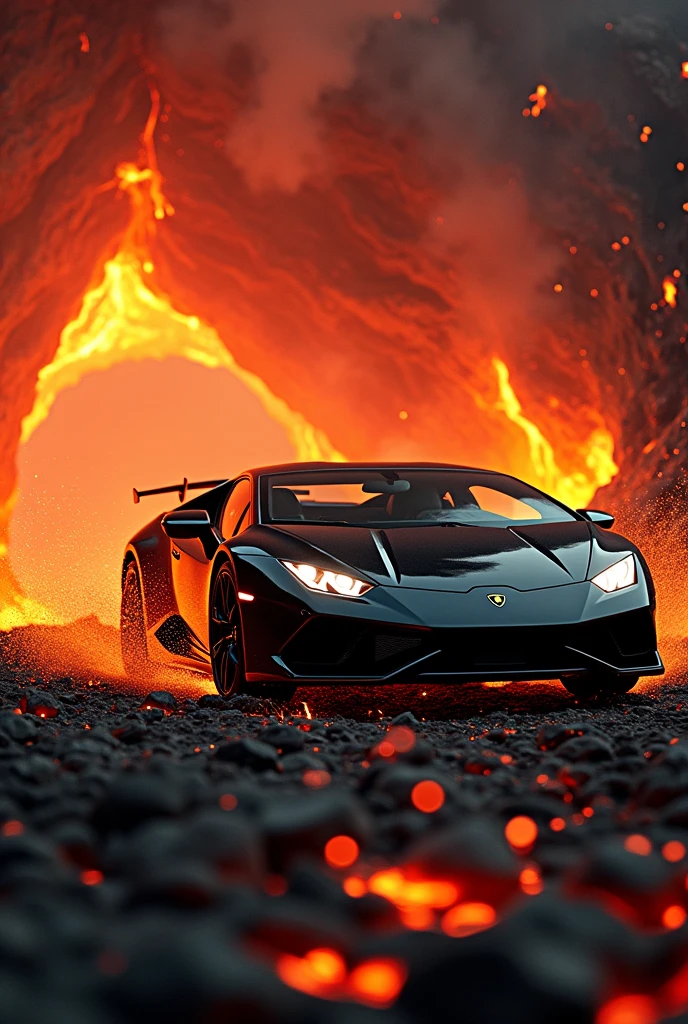 A jaw-dropping, cinematic photo of a metallic black Lamborghini huracan performante speeding at high-speed down the mouth of an active volcano. The car's sleek design contrasts with the fiery, smoky surroundings. The atmosphere is intense and dangerous, with magma flowing and sparks flying. The background reveals the immense scale of the volcano, and a sense of adrenaline and excitement fills the scene., photo, cinematic