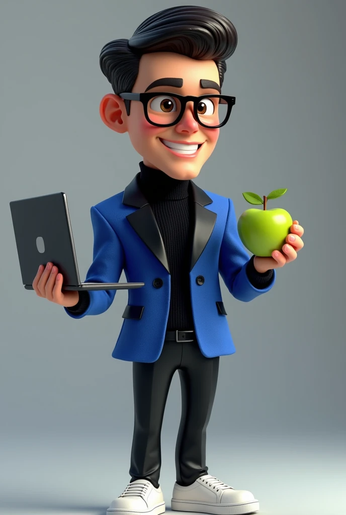 Create a Disney character of a man with short hair on the sides, black frame glasses, Black turtleneck long sleeve sweater and a royal blue blazer with a black lapel, black pants, Alexander McQueen white shoes, In his hand he must have a green apple and in the other hand an open laptop. The rendering must be in 3D with a photography studio background