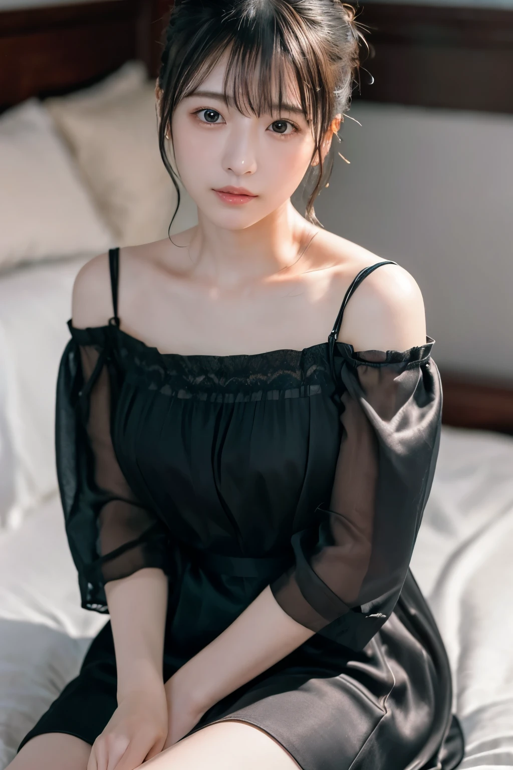 Random Pause、Mix 4、(8k、Raw photo、Highest quality、masterpiece: 1.45)、(Real、Photorealistic: 1.37)、1 person、cute、Professional Lighting、Photon Mapping、Physically Based Rendering、Gradient black hair、、Silk nightgown、Highest qualityの写真、High resolution、1080P、(Beautiful face)、(Detailed face description)、(Detailed hand description)、(masterpiece)、(Detailed CG)、Extreme light and shadow、Disheveled Hair、masterpiece、Rich details、(Detailed facial features)、(Highest qualityの写真)、(masterpiece)、(Fine grain)、Look ahead、Thin clavicle、On the bed、From above、ponytail、((Sitting on the bed:1.4))、Off the shoulder