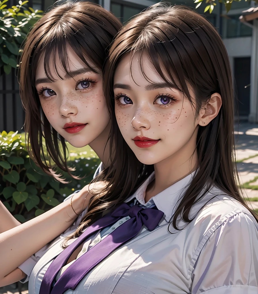 1 girl, 24 years old, japanese, 4K, masterpiece, realistic, long whaivy brown hair with bangs, purple eyes, purple eyeliners, shining red lips, freckles, very large breasts, golden jewelry, unbottoned school uniform, boob tent, smile, closed mouth, bright colors, in a school courtyard, close up, face focus.