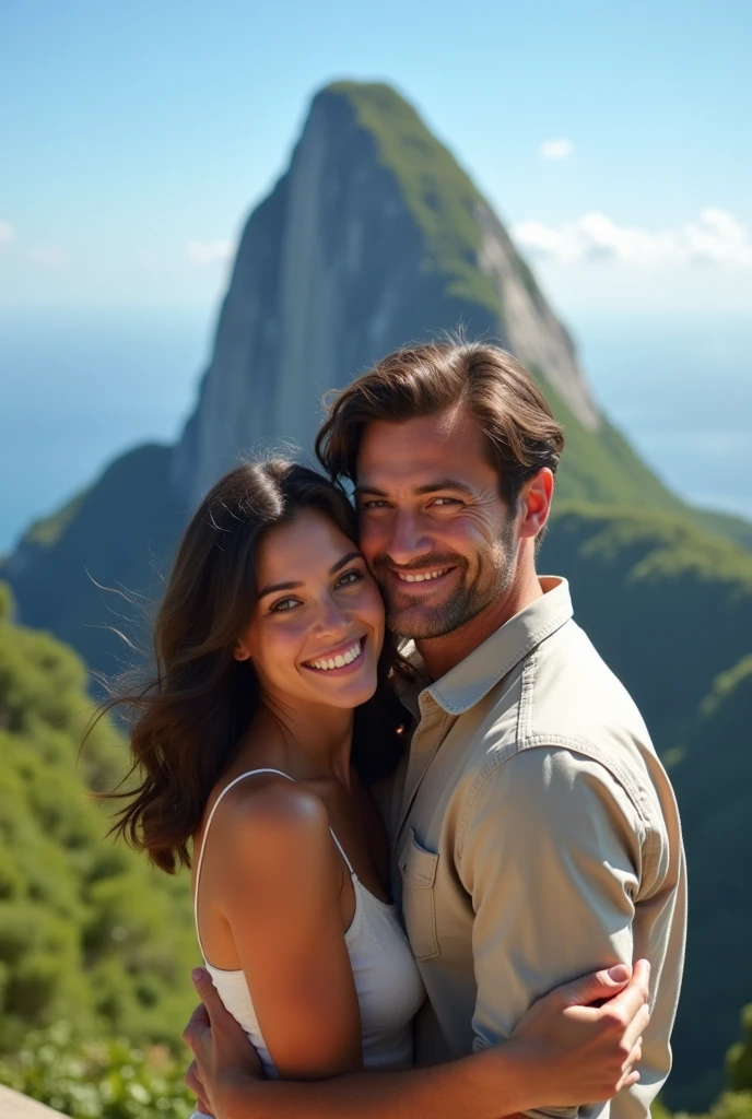 A brunette woman, slim, with medium wavy hair is posing in front of Christ the Redeemer, Cuddled with her boyfriend. He is taller than her and is wearing a shirt.