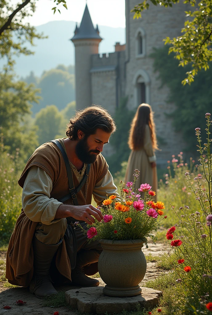 photorealism:1.2), medieval man arranging the flowers next to the castle and a women is visible from far