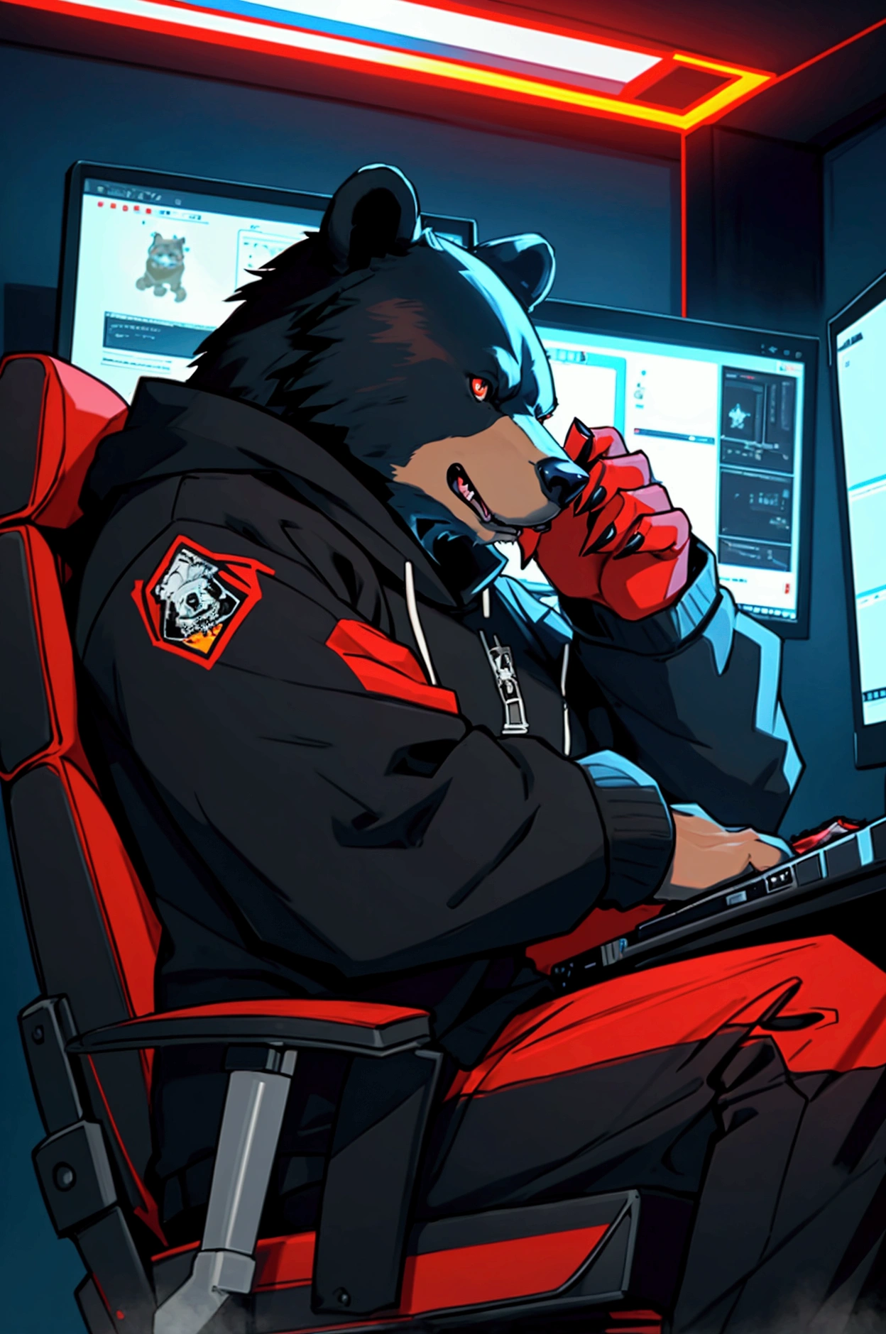 A black bear (animal) angry and growling while playing on his computer. Has a gamer office with red lights in the background. He is sitting in a gaming chair. He has a sweatshirt. Star Wars things for decoration. ReV animated style.