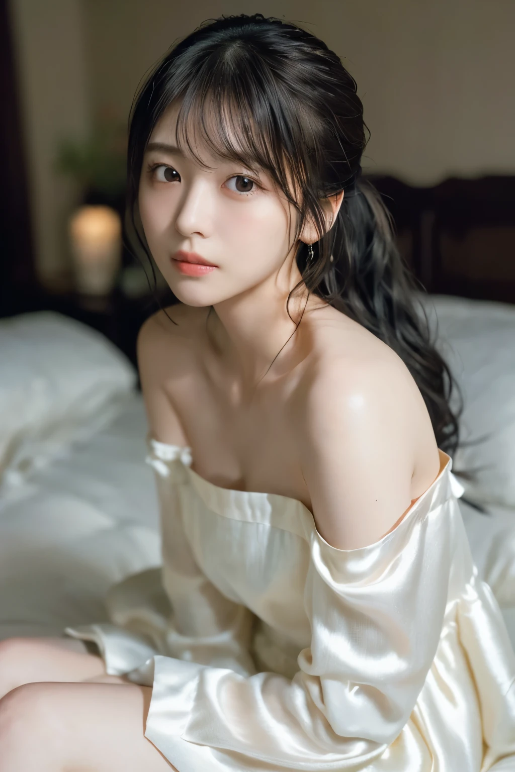 Random Pause、Mix 4、(8k、Raw photo、Highest quality、masterpiece: 1.45)、(Real、Photorealistic: 1.37)、1 person、cute、Professional Lighting、Photon Mapping、Physically Based Rendering、Gradient black hair、、Silk nightgown、Highest qualityの写真、High resolution、1080P、(Beautiful face)、(Detailed face description)、(Detailed hand description)、(masterpiece)、(Detailed CG)、Extreme light and shadow、Disheveled Hair、masterpiece、Rich details、(Detailed facial features)、(Highest qualityの写真)、(masterpiece)、(Fine grain)、Look ahead、Thin clavicle、On the bed、From above、ponytail、((Sitting on the bed:1.4))、Off the shoulder