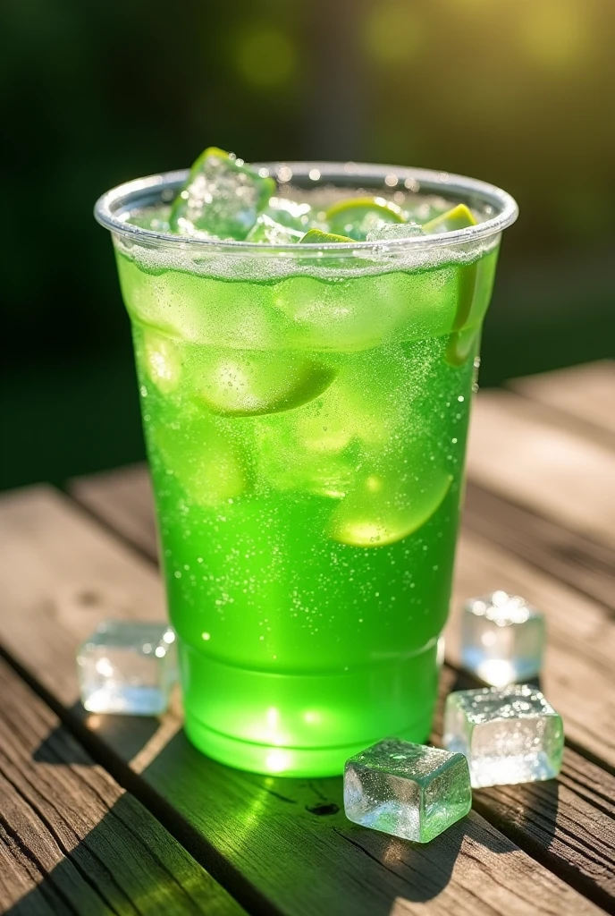 Green apple soda drink. Without the fruit. Without straw. With plastic cup.