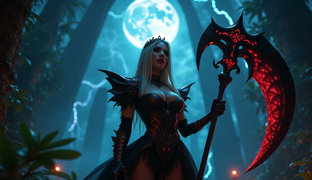 In this masterpiece, a stunning (Clara Morgane in sexy reaper cosplay:1.3), stands at the center of the frame, radiating an aura of mystique and beauty. The ultra-detailed 4K image presents her in front of a (black mana vortex:1.3) framed by the (huge gates of the realm of the dead:1.3), in the center of a necropolis surrounded by a dark jungle. The pitch-black night is lit by a few blue lightning bolts and a blood-red moon. The volumetric lighting casts a warm glow on her porcelain skin, accentuating the intricate details of her (sexy Armor of death). Her straight blonde hair is gorgeous, framing her charming smile and captivating cleavage. The mesmerizing atmosphere is punctuated by (blue thunderstorms and lightning) in the surreal dark sky, as if the heavens themselves are summoning her presence. The composition masterfully balances depth and complexity, drawing the viewer's eye to the perfect body, with its impeccable anatomy and tantalizing pose. (Charming smile), (Beautiful Big tits:1.3), (Finely crafted black tiara), She holds a huge scythe covered in blood red runes in her hand.  (Dark theme). (Beautiful naked navel:1.3). Her high-quality sexy armor, composed of a black bikini and (pieces decorated with skulls), (blue eyes:1.3), (blond hair), (detailled black cape with black hood:1.3). (Low angle:1.3). (ultra detailed). (very high quality wallpaper), (4k), (sharp image), (Photorealistic),