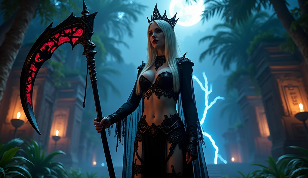 In this masterpiece, a stunning (Clara Morgane in sexy reaper cosplay:1.3), stands at the center of the frame, radiating an aura of mystique and beauty. The ultra-detailed 4K image presents her in front of a (black mana vortex:1.3) framed by the (huge gates of the realm of the dead:1.3), in the center of a necropolis surrounded by a dark jungle. The pitch-black night is lit by a few blue lightning bolts and a blood-red moon. The volumetric lighting casts a warm glow on her porcelain skin, accentuating the intricate details of her (sexy Armor of death). Her straight blonde hair is gorgeous, framing her charming smile and captivating cleavage. The mesmerizing atmosphere is punctuated by (blue thunderstorms and lightning) in the surreal dark sky, as if the heavens themselves are summoning her presence. The composition masterfully balances depth and complexity, drawing the viewer's eye to the perfect body, with its impeccable anatomy and tantalizing pose. (Charming smile), (Beautiful Big tits:1.3), (Finely crafted black tiara), She holds a huge scythe covered in blood red runes in her hand. (Dark theme). (Beautiful naked navel:1.3). Her high-quality sexy armor, composed of a black bikini and (pieces decorated with skulls), (blue eyes:1.3), (blond hair), (detailled black cape with black hood:1.3). (Low angle:1.3). (ultra detailed). (very high quality wallpaper), (4k), (sharp image), (Photorealistic),