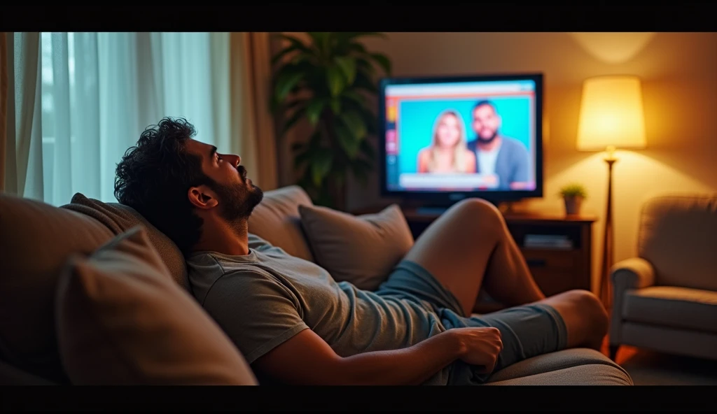 High-definition, cinematic Carlos, a man in his 30s, with an ordinary and relaxed appearance, He wears a faded T-shirt and comfortable shorts, he is sprawled on the couch, watching a ridiculous reality TV show. He hears someone knocking on his door He looks at the door with and is annoyed at being bothered. High resolution, cinematic lighting, ultra realistic, highly detailed, sharp, high definition, 4K.