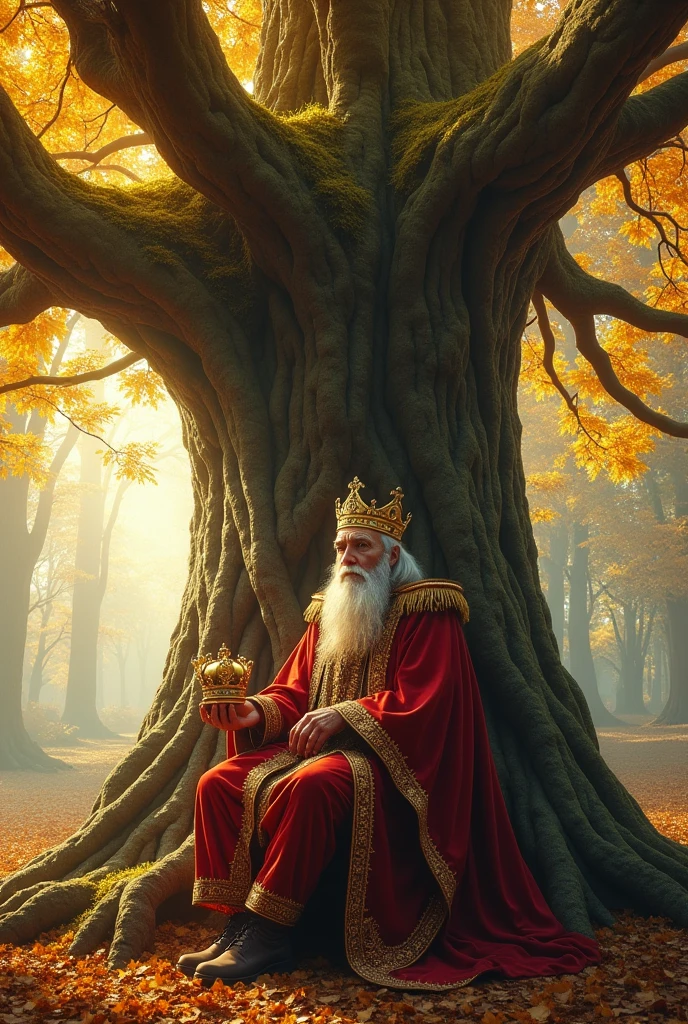 A huge tree with golden leaves and large roots and an imposing old king sitting leaning against the trunk, holding the crown in his hand