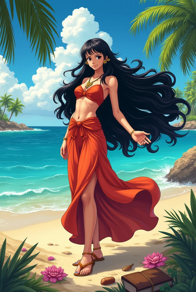 Nico Robin from one piece anime in white skin,sexy bikini,beach,sea,sarong,full body, detailed, realistic