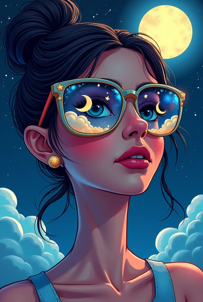 The model is wearing glass sunglasses with stars and the moon on the glass