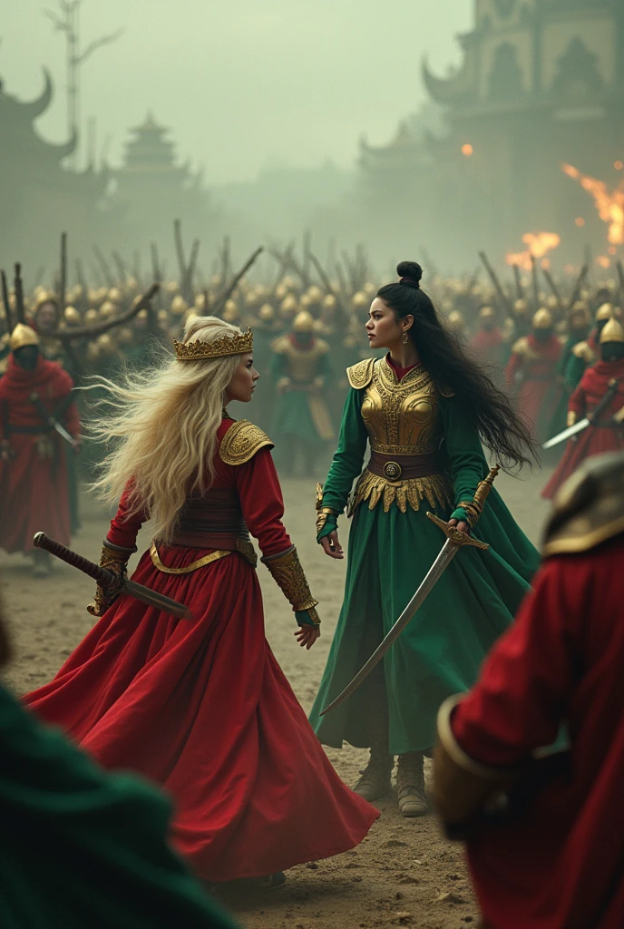 masterpiece,8k,ultra-detailed,best quality,battlefield,(background:the warriors are fighting,red warriors,green warriors,jumping,hack,slash),(middle ground:queens are fighting,blonde hair queen,Amber Heard,black hair queen,Park Bo-young,Fighting Pose),The lighting is dark and gloomy,exquisite golden armor,exquisite golden crown,exquisitely carved silver sword,exquisitely eagle helmet.