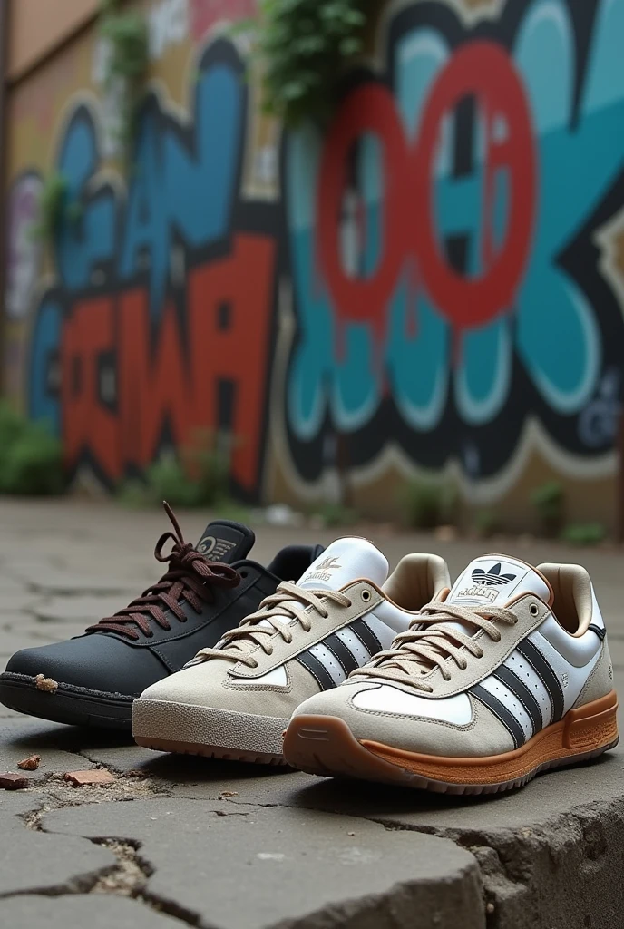 Pairs of Adidas Sneakers , Nike destroyed by too much use