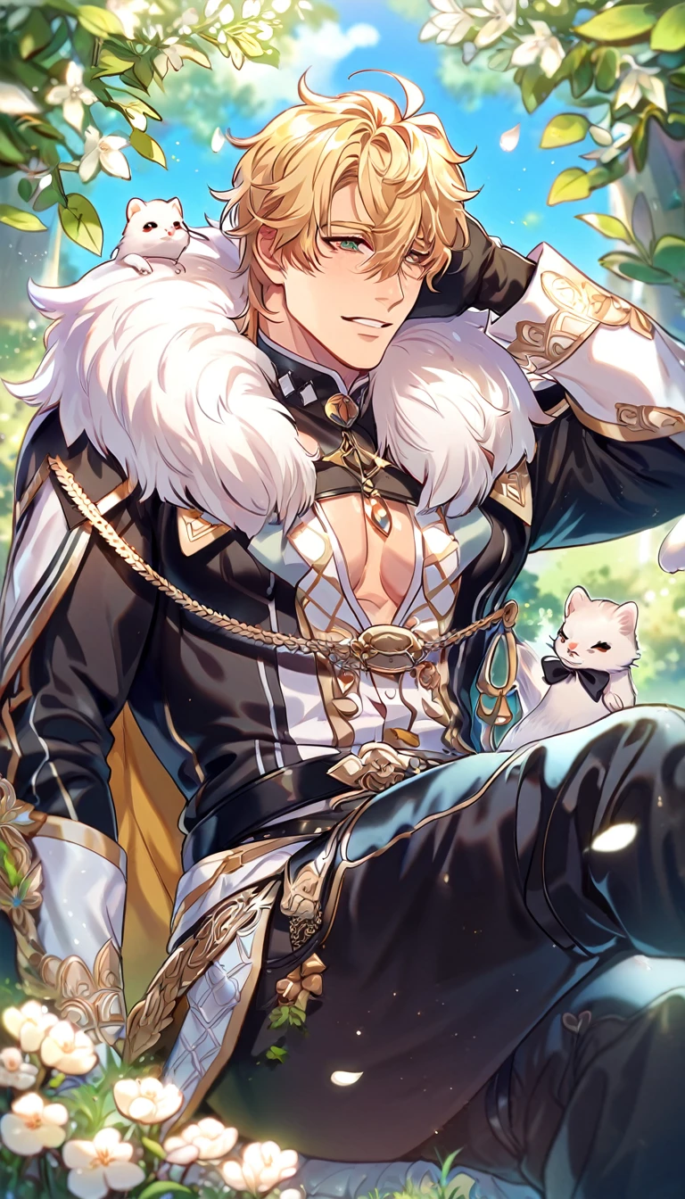 absurdres, highres, ultra detailed, HDR, master piece, best quality, extremely detailed, detailed eyes, detailed face, Quincy, blonde hair, messy hair, hair between the eyes, expressive amber eyes, Nu Carnival, solo, sexy man, manly man sitting, horny, lewd, handsome, fantasy, white and black leather clothes, cape with a high fur collar, black gloves, black pants, spring, flowers, green leaves, magical forest, dark fantasy, blue sky, white cute small ferret on his shoulder
