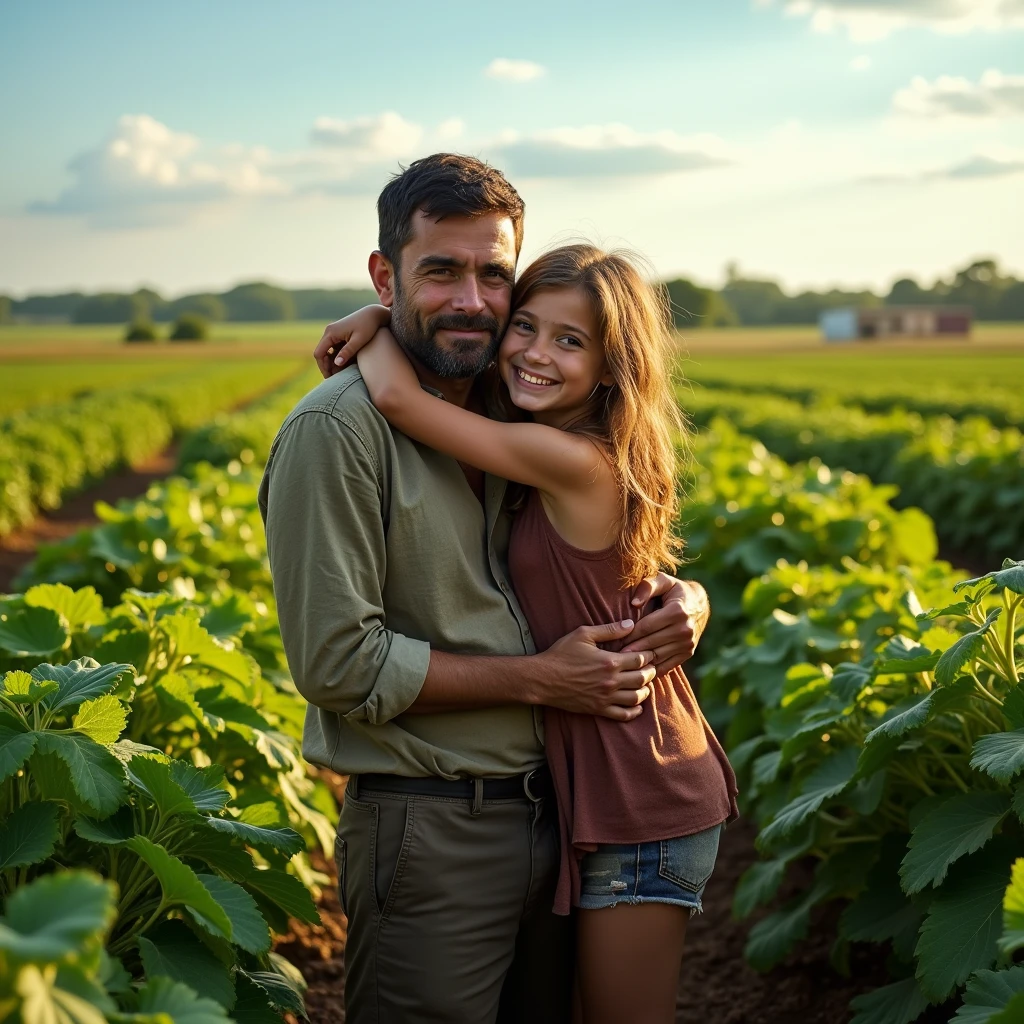 A poor farmer and his daughter with tears in their eyes are smiling and hugging their father in the middle of a potato field or watermelon field.

