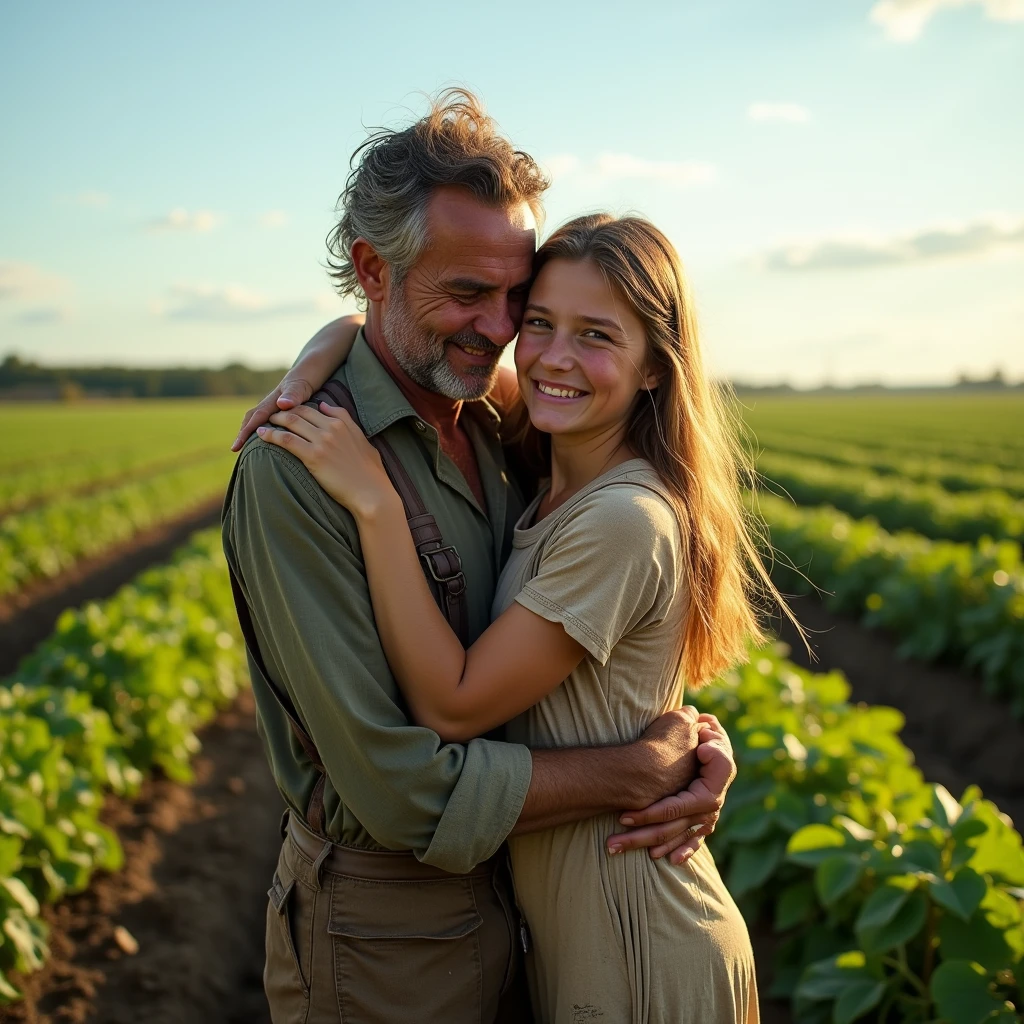 A poor farmer and his daughter with tears in their eyes are smiling and hugging their father in the middle of a potato field or watermelon field.