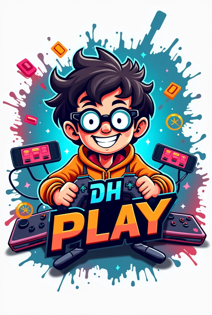 Logo with the name DH PLAY, themed around a nerd with glasses playing video games