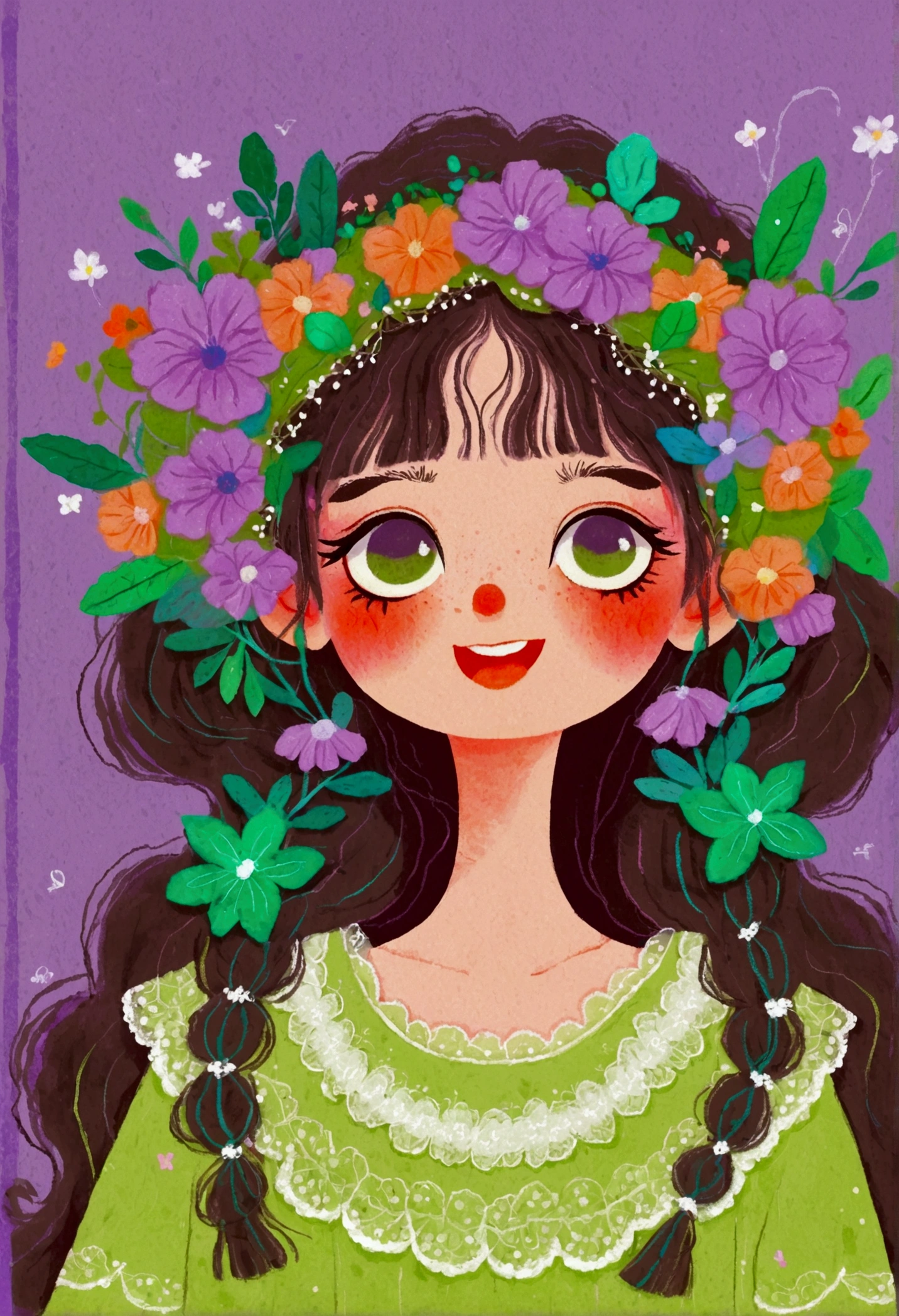 A girl in a green lace dress and a wreath on her head,big eyes，Laugh out loud，teeth，Exaggerated expression，Lovely art style, Lo-Fi Girl, Tranquility illustration, Flower Goddess, Illustration line art style, Digital illustration style，Purple background