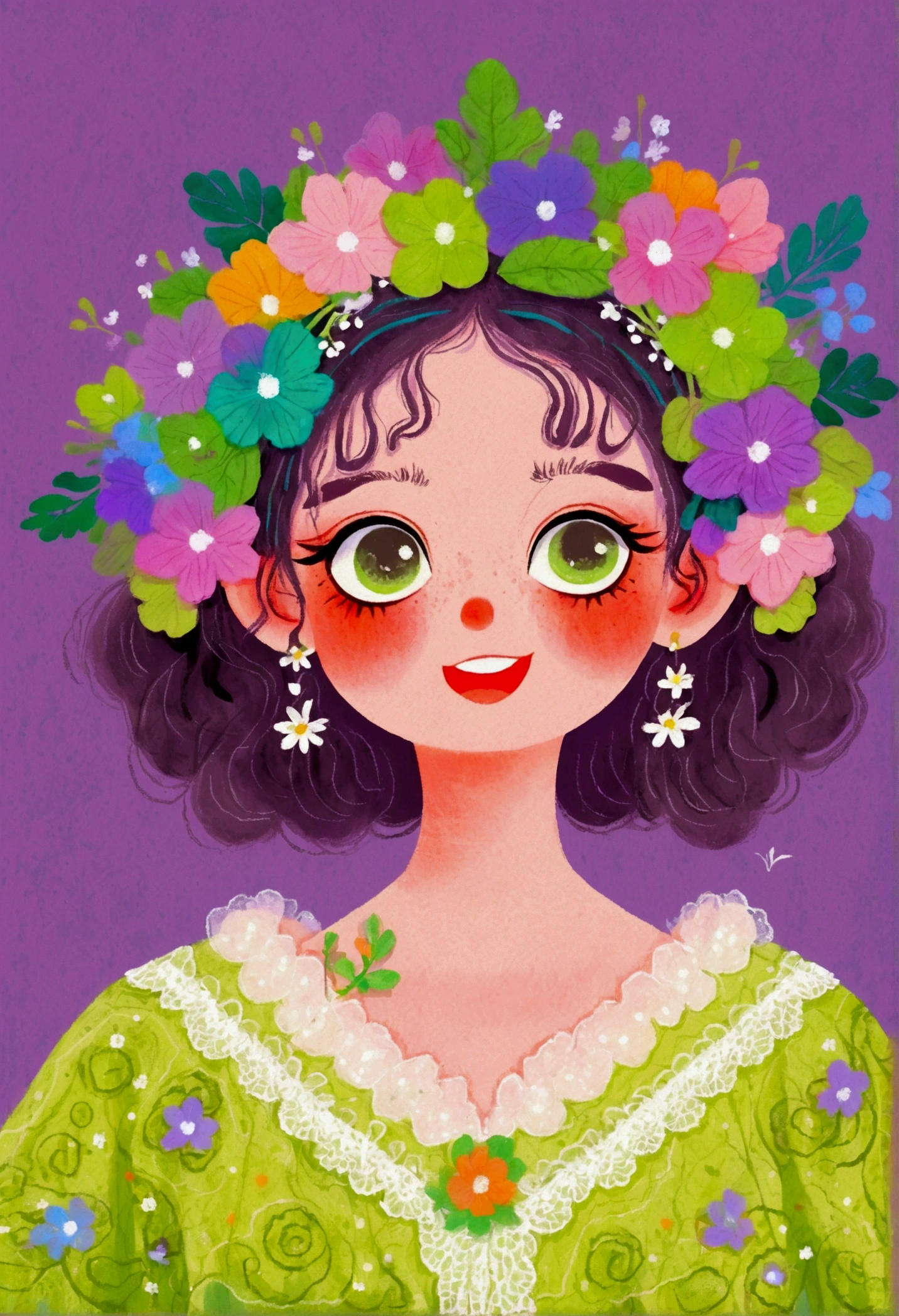 A girl in a green lace dress and a wreath on her head,big eyes，Laugh out loud，teeth，Exaggerated expression，Lovely art style, Lo-Fi Girl, Tranquility illustration, Flower Goddess, Illustration line art style, Digital illustration style，Purple background