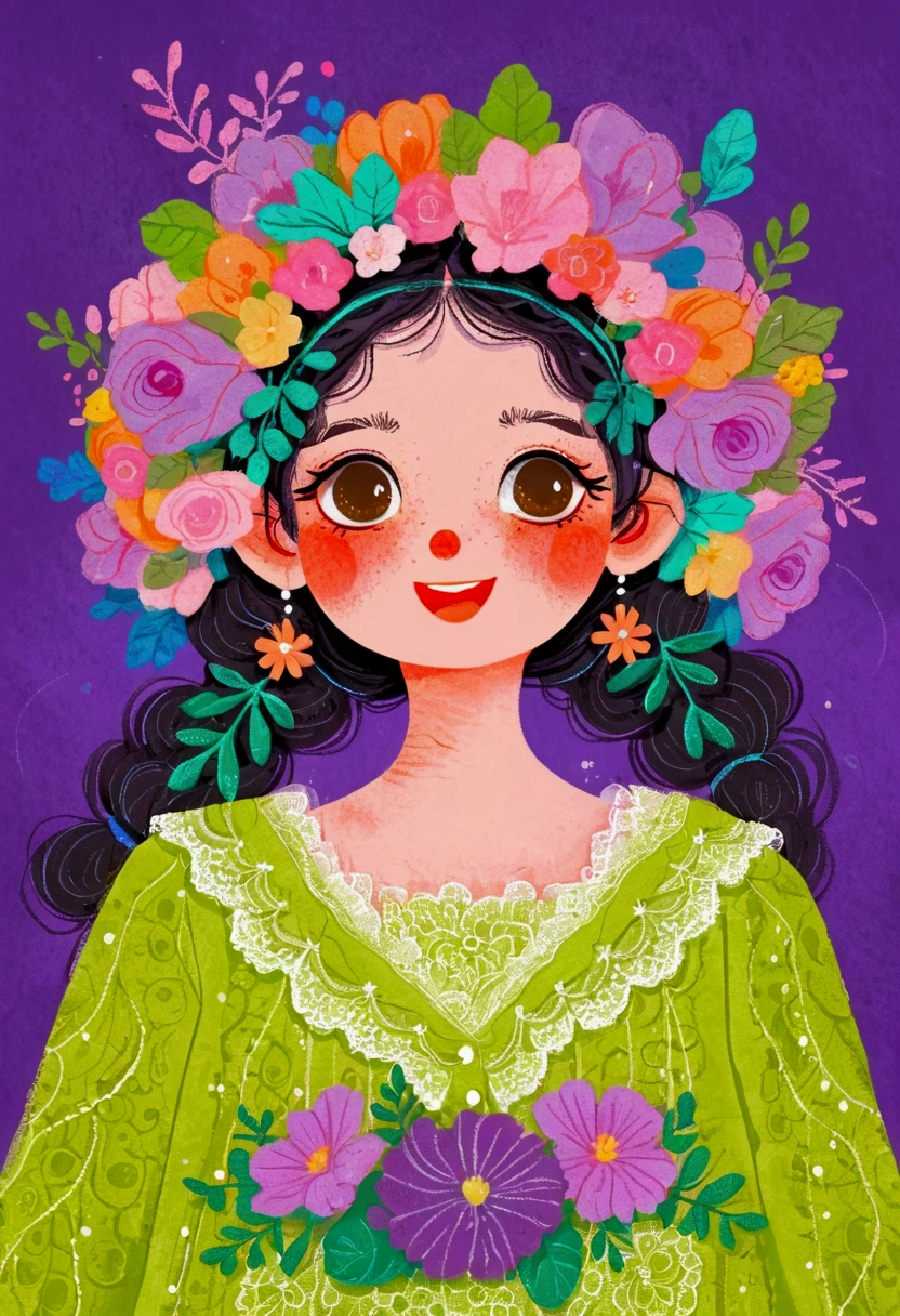 A girl in a green lace dress and a wreath on her head,big eyes，Laugh out loud，teeth，Exaggerated expression，Lovely art style, Lo-Fi Girl, Tranquility illustration, Flower Goddess, Illustration line art style, Digital illustration style，Purple background