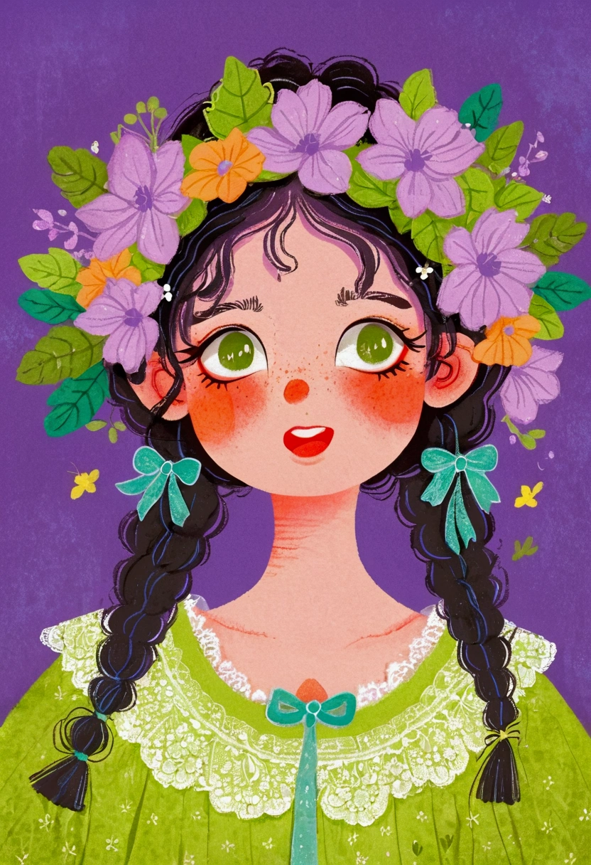 A girl in a green lace dress and a wreath on her head,big eyes，Laugh out loud，teeth，Exaggerated expression，Lovely art style, Lo-Fi Girl, Tranquility illustration, Flower Goddess, Illustration line art style, Digital illustration style，Purple background